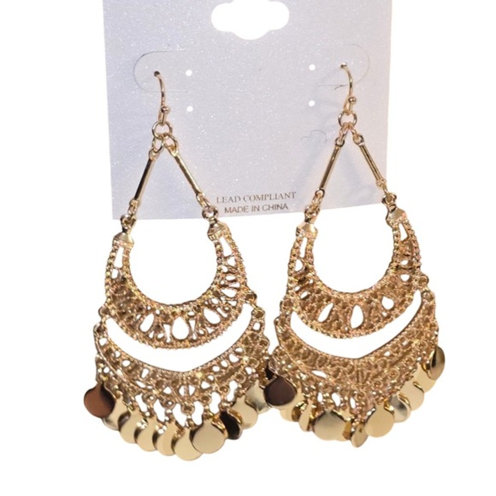 Natasha Gold Tone Filigree Chandelier Earrings with Coin Charms Boho Statement